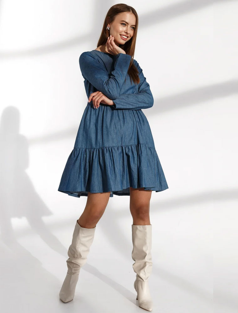 GEPUR // TIERED LONG SLEEVE DRESS, BLUE - Image 3