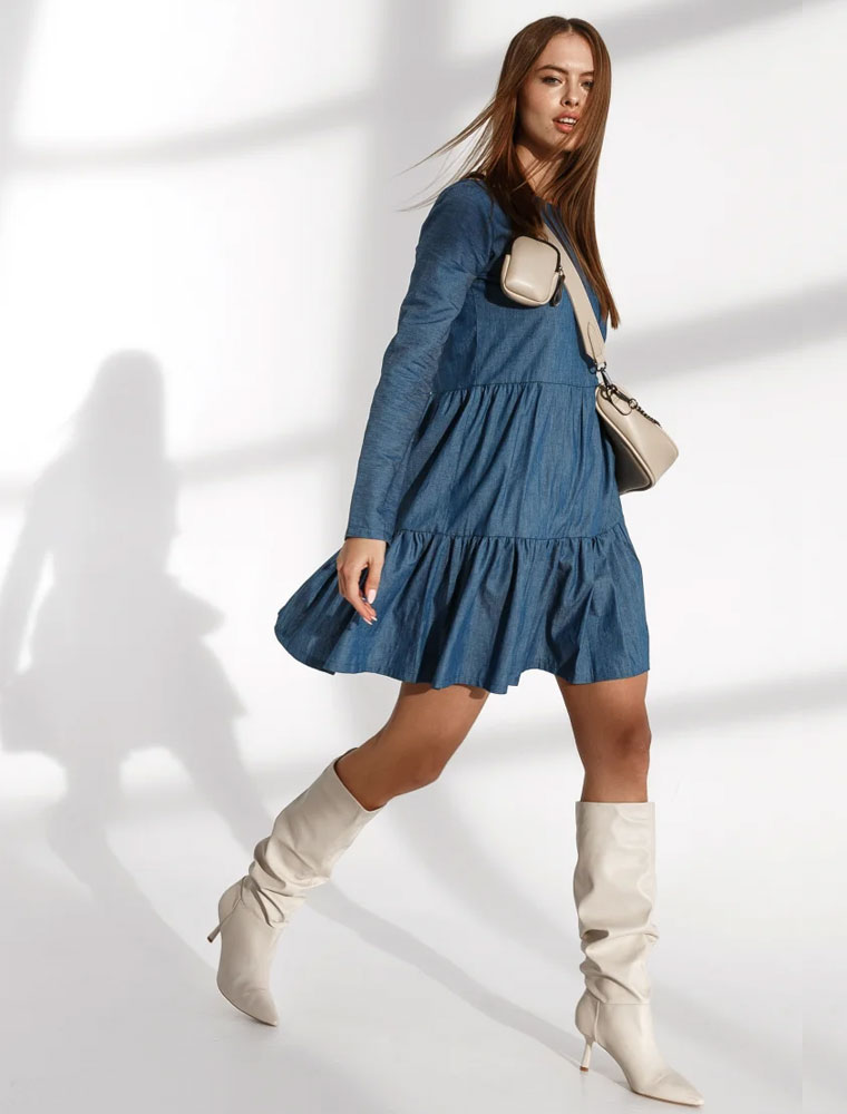 GEPUR // TIERED LONG SLEEVE DRESS, BLUE - Image 2