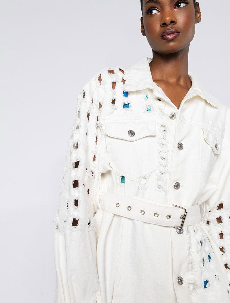 A.KOM // STRAIGHT CUT HOLY DENIM JACKET, WINTER WHITE - Image 4