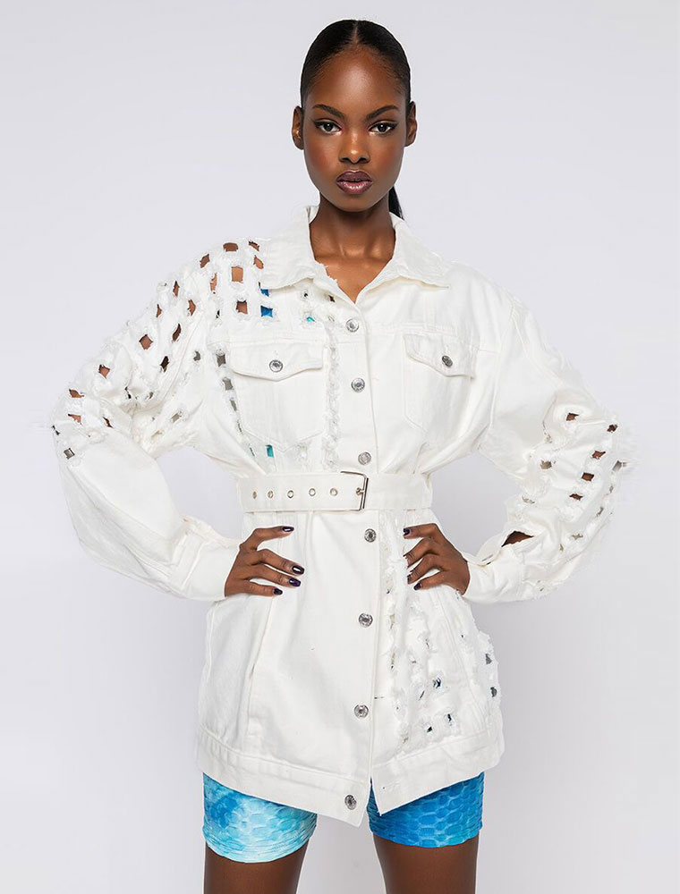 A.KOM // STRAIGHT CUT HOLY DENIM JACKET, WINTER WHITE