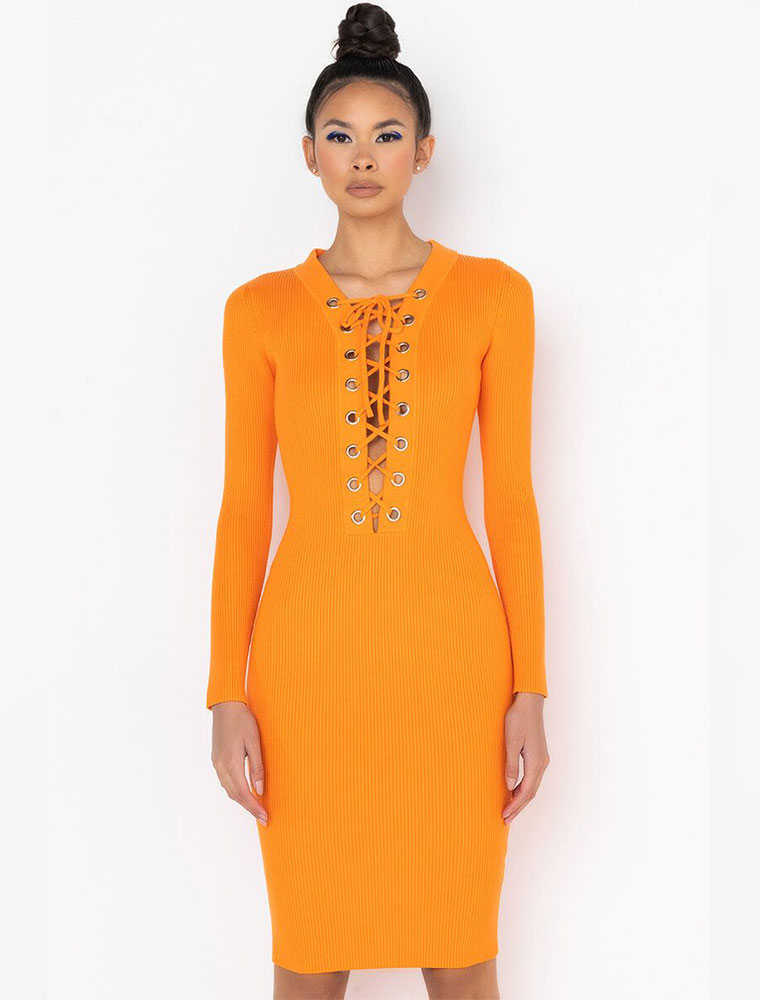 A.KOM // CLASSIC LONG-SLEEVE WITH TIES DRESS in ORANGE - Image 3
