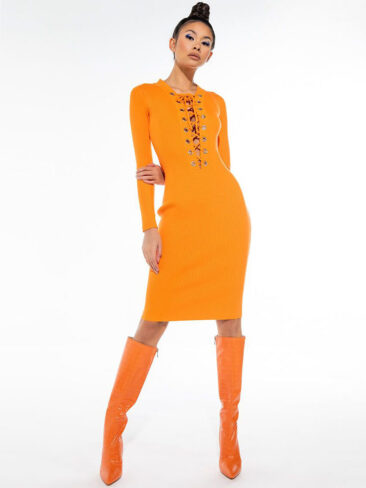A.KOM // CLASSIC LONG-SLEEVE WITH TIES DRESS In ORANGE