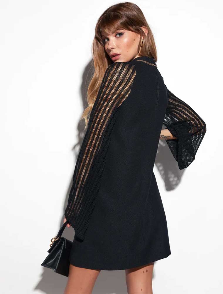 GEPUR // A-LINE MINI DRESS WITH LACE SLEEVES, BLACK - Image 2