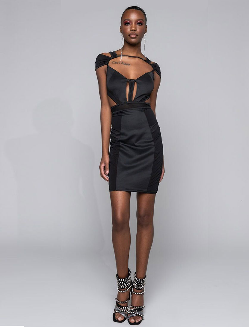 A.KOM // HOLLOW OUT HALTER BACK MIDI DRESS, BLACK