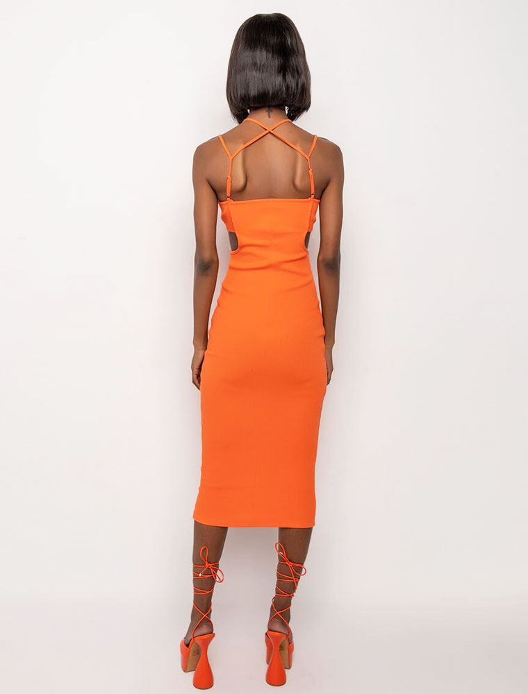 A.KOM // CUTOUT BODYCON HIGH NECK DRESS, ORANGE - Image 3