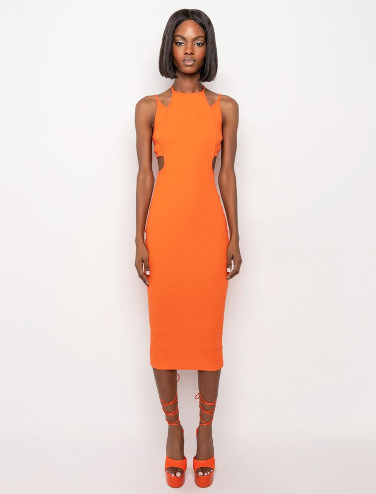 A.KOM // CUTOUT BODYCON HIGH NECK DRESS, ORANGE - Image 5