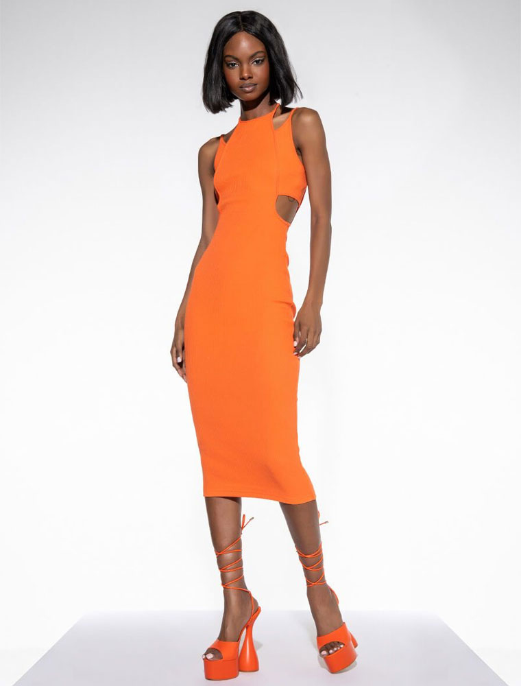 A.KOM // CUTOUT BODYCON HIGH NECK DRESS, ORANGE