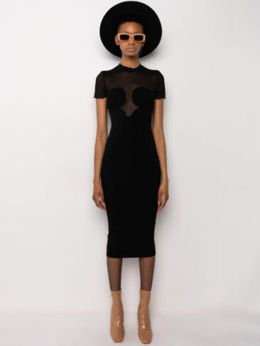 A.KOM // TEXTURED SHORT SLEEVE FITTED DRESS, BLACK