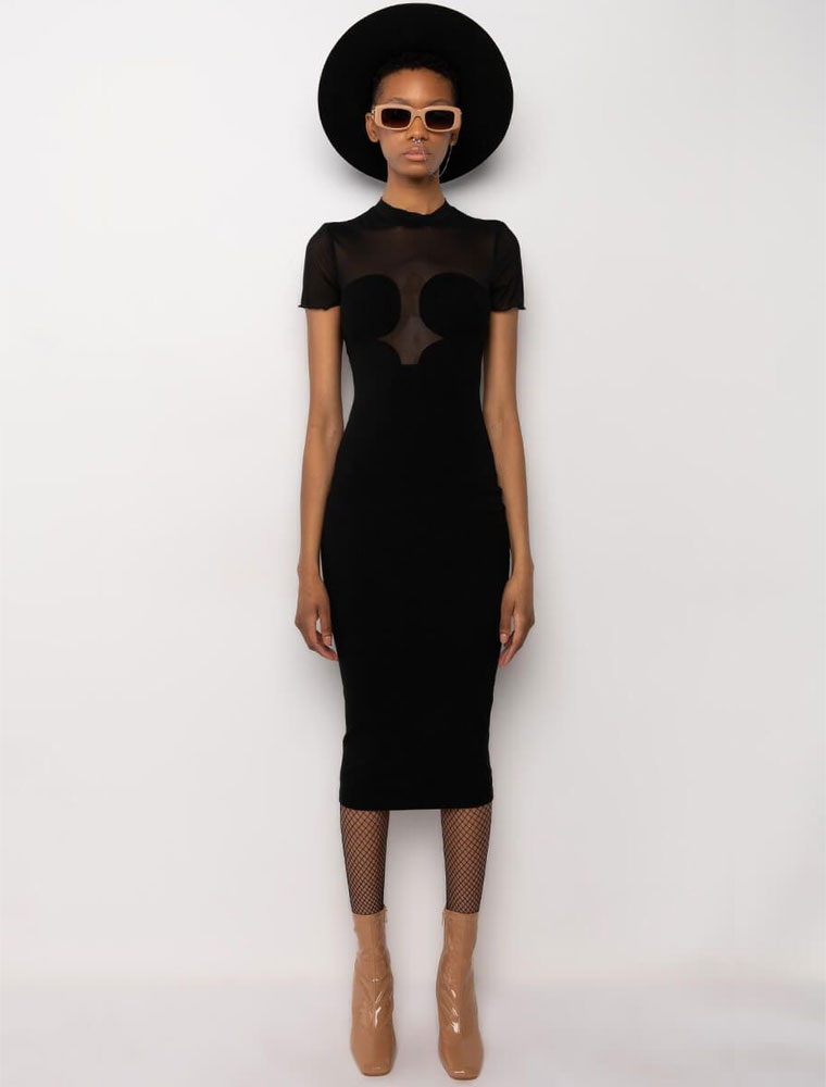 A.KOM // TEXTURED SHORT SLEEVE FITTED DRESS, BLACK