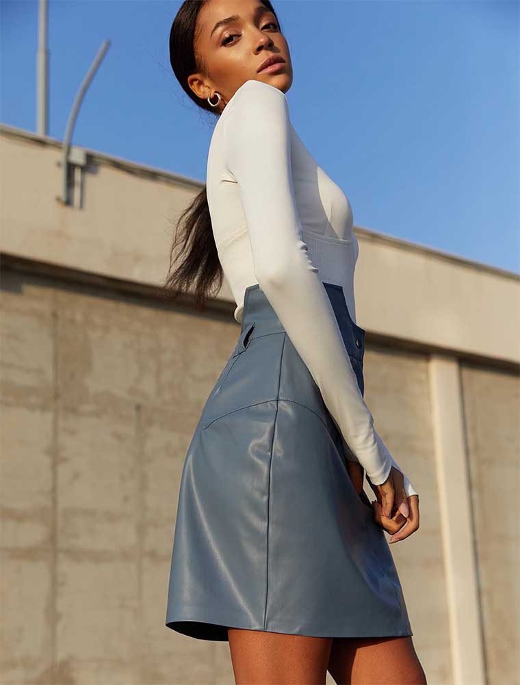 GEPUR // FRONT CUT OUT VEGAN LEATHER MINI SKIRT, BLUE - Image 3