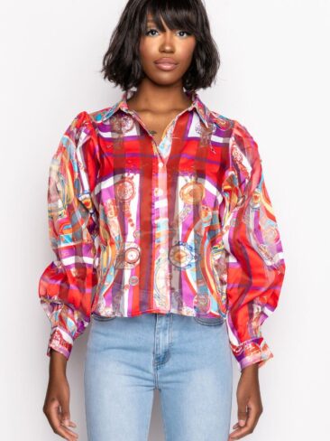 A.KOM // PUFF-SLEEVE CLOCK BLOUSE, MULTICOLOR / RED