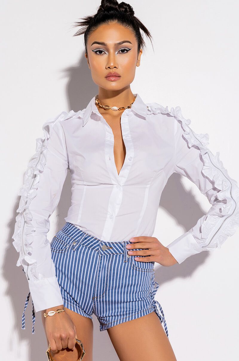 A.KOM // RUFFLED SLEEVE ZIPPER SHIRT, WHITE - Image 4