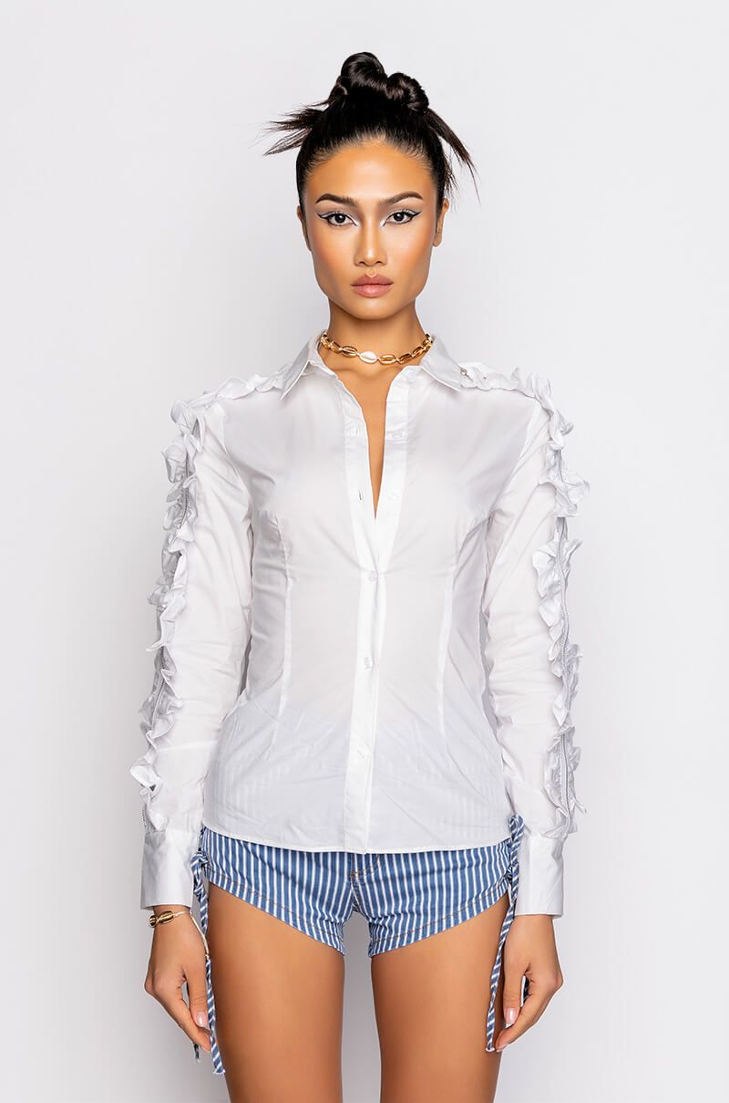 A.KOM // RUFFLED SLEEVE ZIPPER SHIRT, WHITE - Image 2
