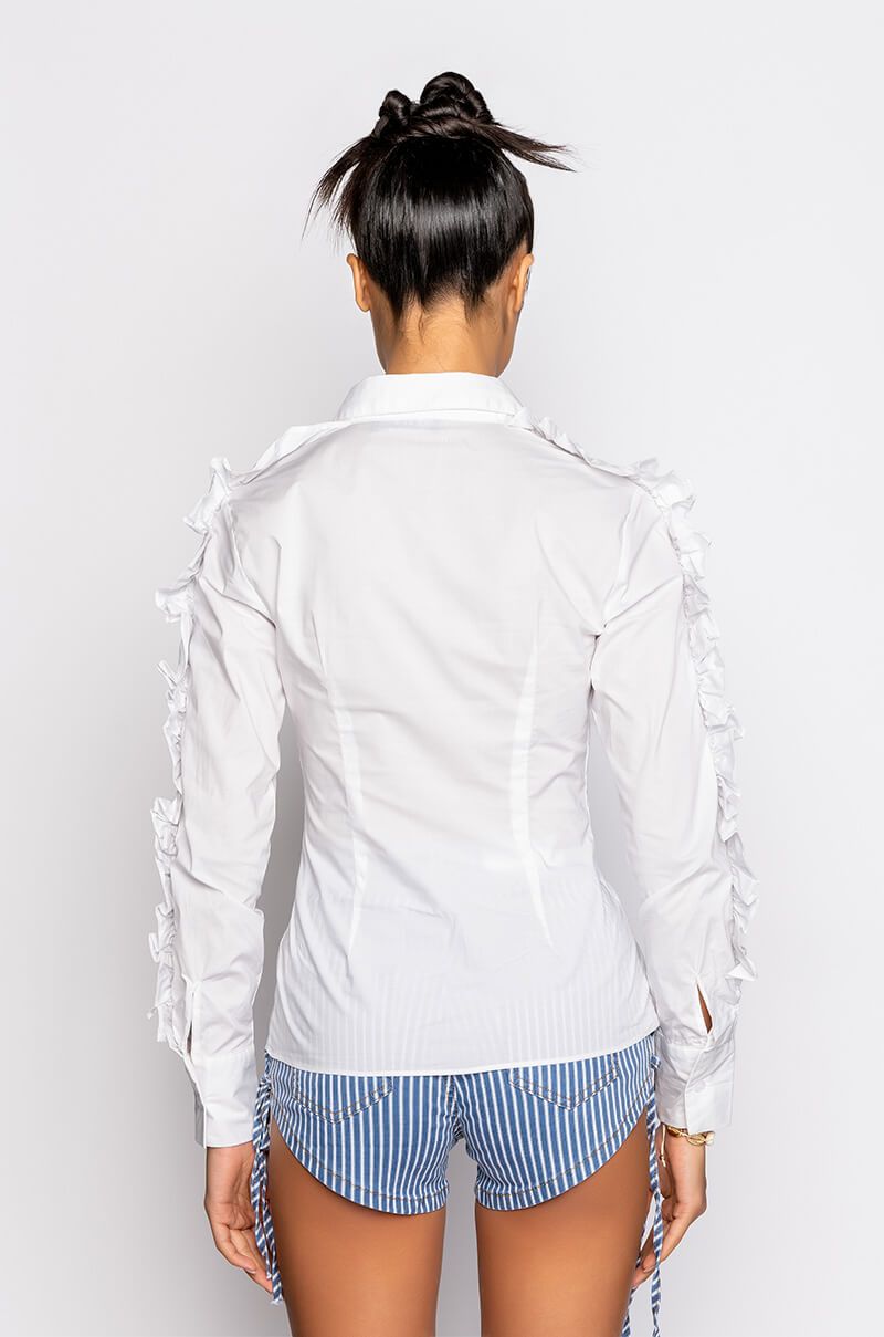 A.KOM // RUFFLED SLEEVE ZIPPER SHIRT, WHITE - Image 3