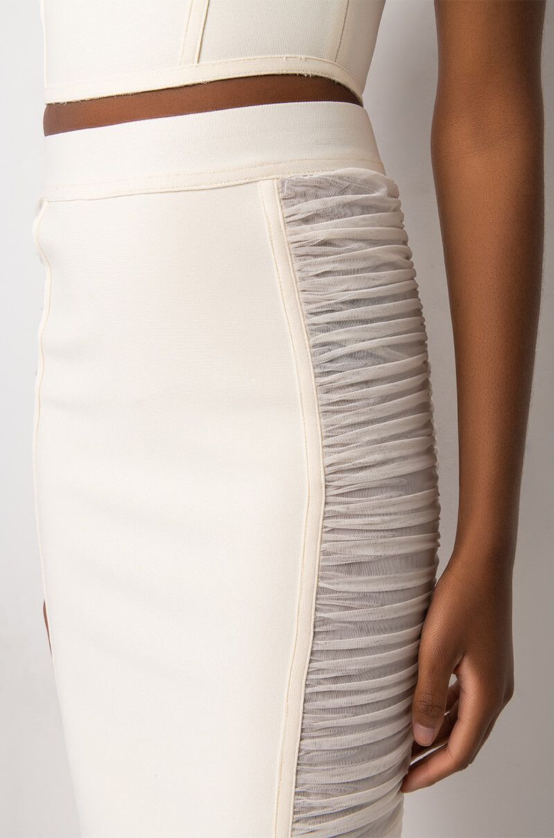 A.KOM // ELASTIC BODYCON MIDI SKIRT SIDE PLEATED, CREAM - Image 6