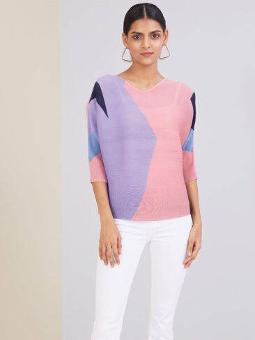 SCARLET SAGE // 3/4 SLEEVE V-NECK TOP, MULTI COLOR PINK