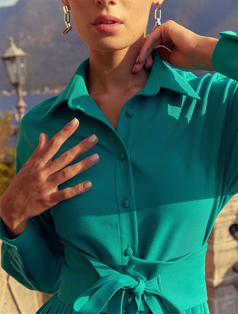 GEPUR // PLEATED HEM BELTED DRESS, GREEN - Image 3