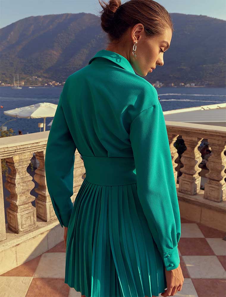 GEPUR // PLEATED HEM BELTED DRESS, GREEN - Image 2
