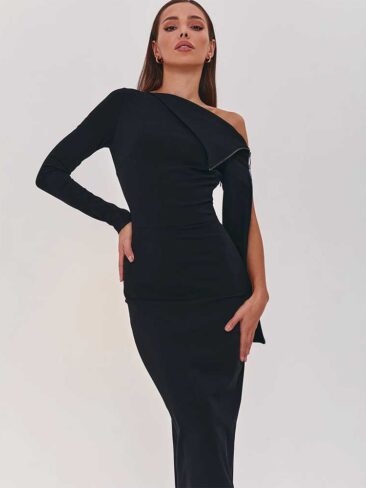 GEPUR // CLASSIC LONG SLEEVE W/ ZIPPER DRESS, BLACK