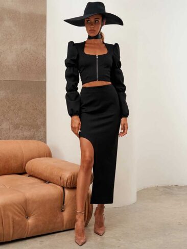 GEPUR // TIERED SLEEVE TOP W/ ASYMMETRIC SKIRT, BLACK