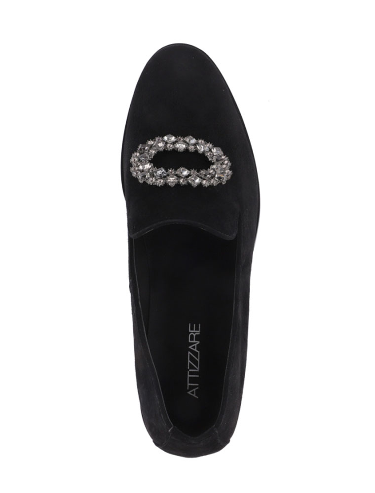ATTIZZARE // CLASSIC SUEDE LOAFERS W/ RHINESTONE BUCKLE, BLACK - Image 2