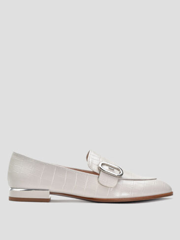 VITTO ROSSI // EMBOSSED CROC SILVER SQUARE HEEL LOAFERS, CREAM