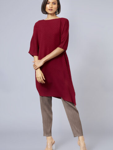 SCARLET SAGE // A-LINE MAE BIAS PLEATED TUNIC DRESS, BURGUNDY