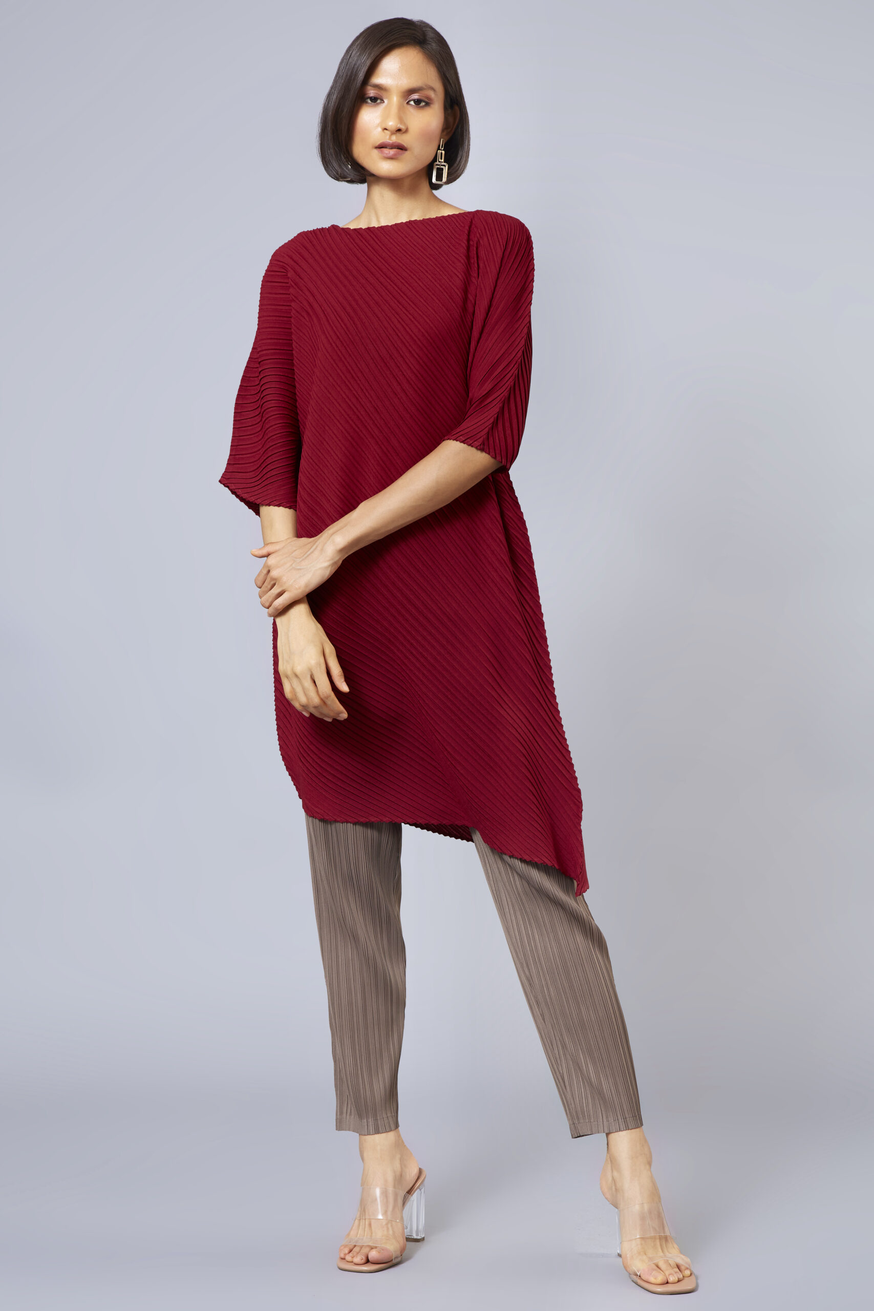 SCARLET SAGE // A-LINE MAE BIAS PLEATED TUNIC DRESS, BURGUNDY