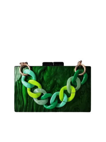 A.KOM // RECTANGULAR ACRYLIC CLUTCH BAG, GREEN FLAMES
