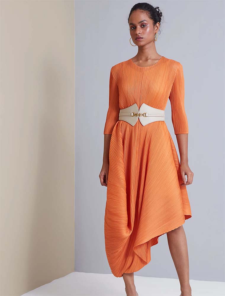 SCARLET SAGE // 3/4 SLEEVE ASYMMETRICAL LAILA WAIST DRAPE DRESS, BLACK - Image 6