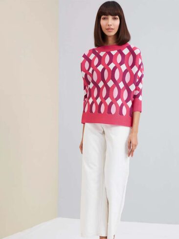 SCARLET SAGE // 3/4 SLEEVE ROUND NECK CANELE TOP, PRINT – PINK