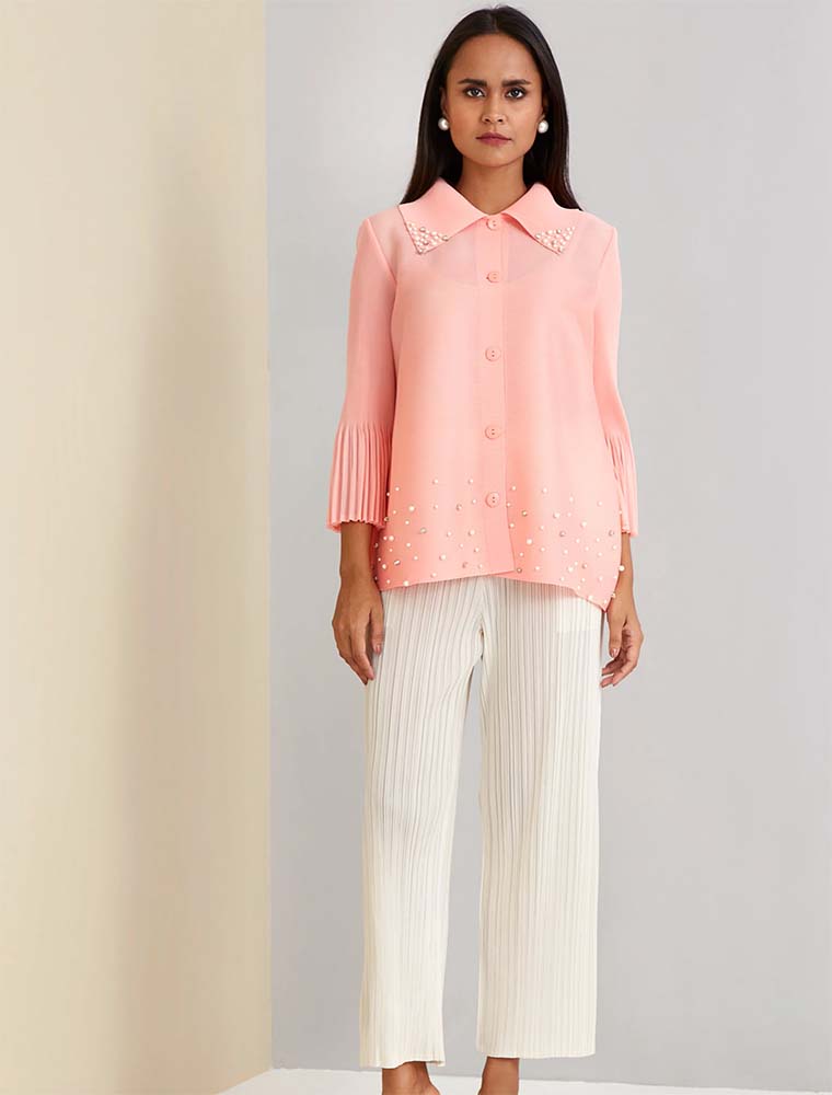 SCARLET SAGE // PEARL BEADED FLARE SLEEVE MAISE SHIRT, PEACH - Image 2