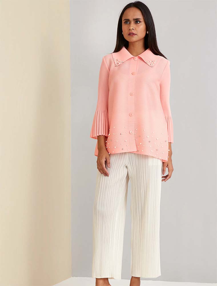 SCARLET SAGE // PEARL BEADED FLARE SLEEVE MAISE SHIRT, PEACH - Image 5