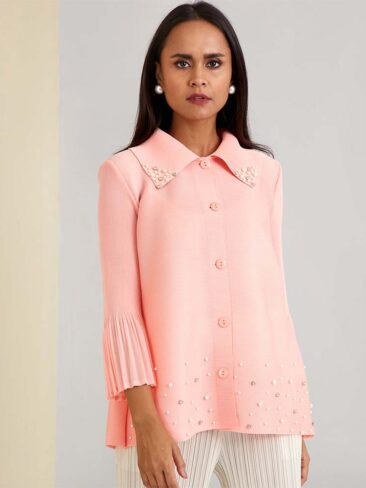 SCARLET SAGE // PEARL BEADED FLARE SLEEVE MAISE SHIRT, PEACH