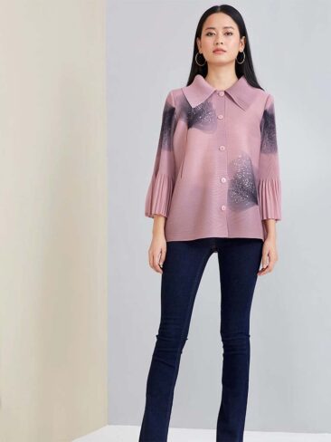 SCARLET SAGE // WOMEN’S FLARE SLEEVE PRINTED SHIRT, ASH PINK