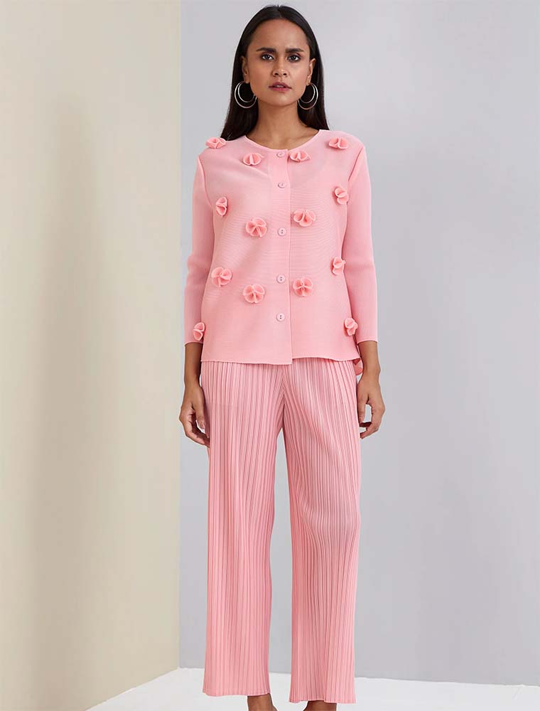 SCARLET SAGE // PLEATED CARDIGAN TOP, PINK
