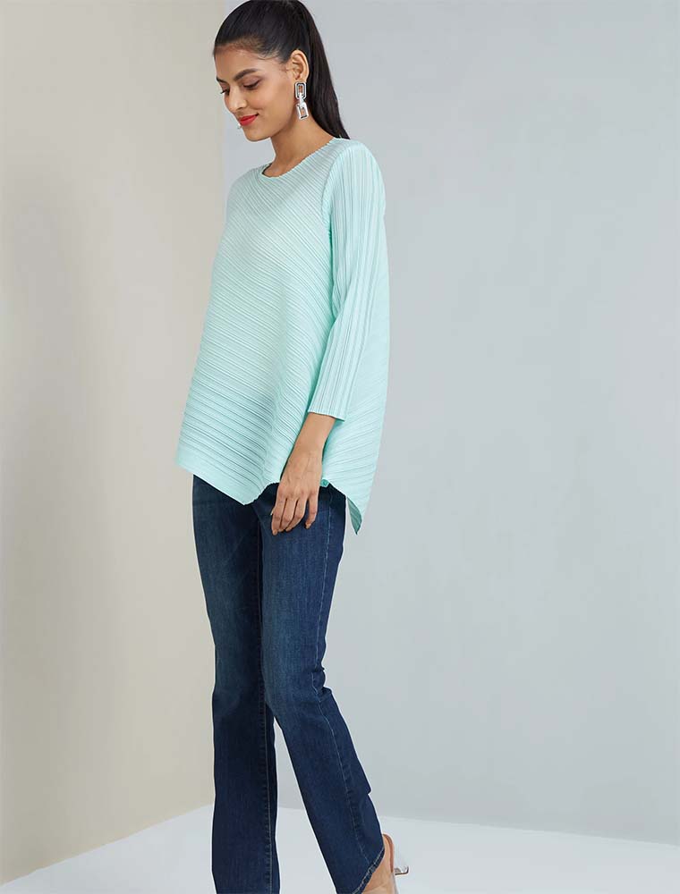 SCARLET SAGE // ASYMMETRICAL HEMLINE LOOSE TOP, AQUA - Image 5