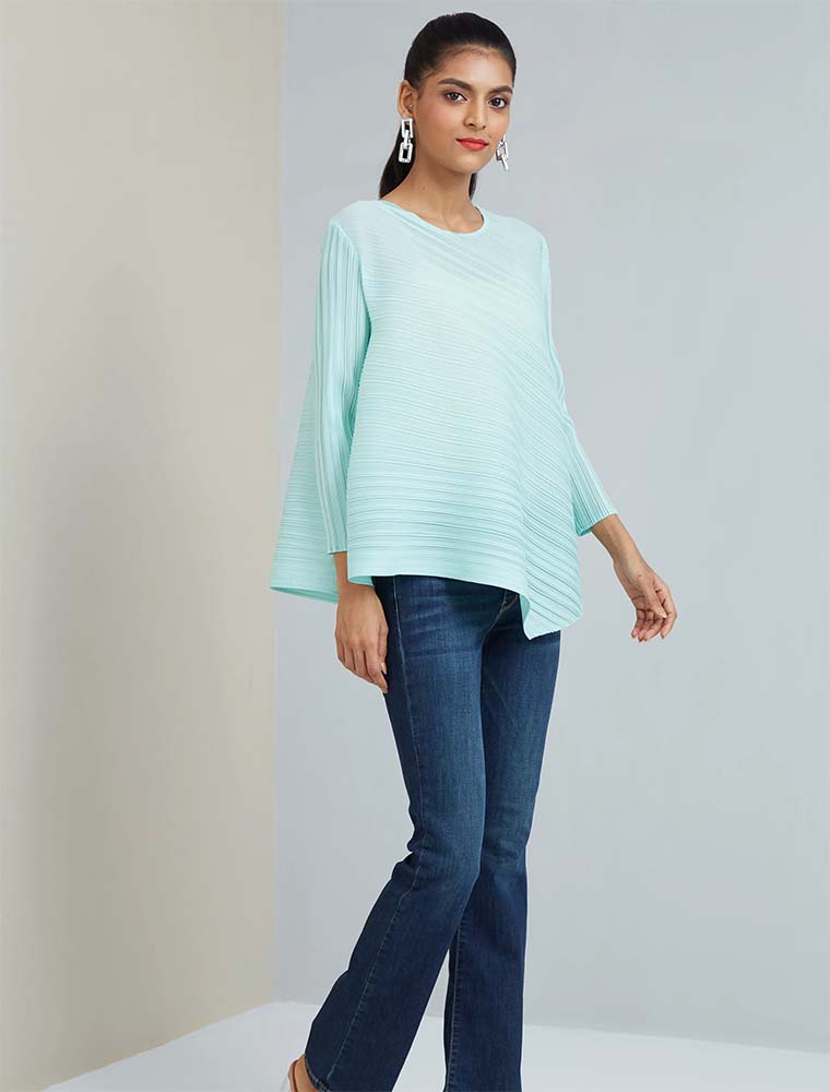 SCARLET SAGE // ASYMMETRICAL HEMLINE LOOSE TOP, AQUA - Image 4