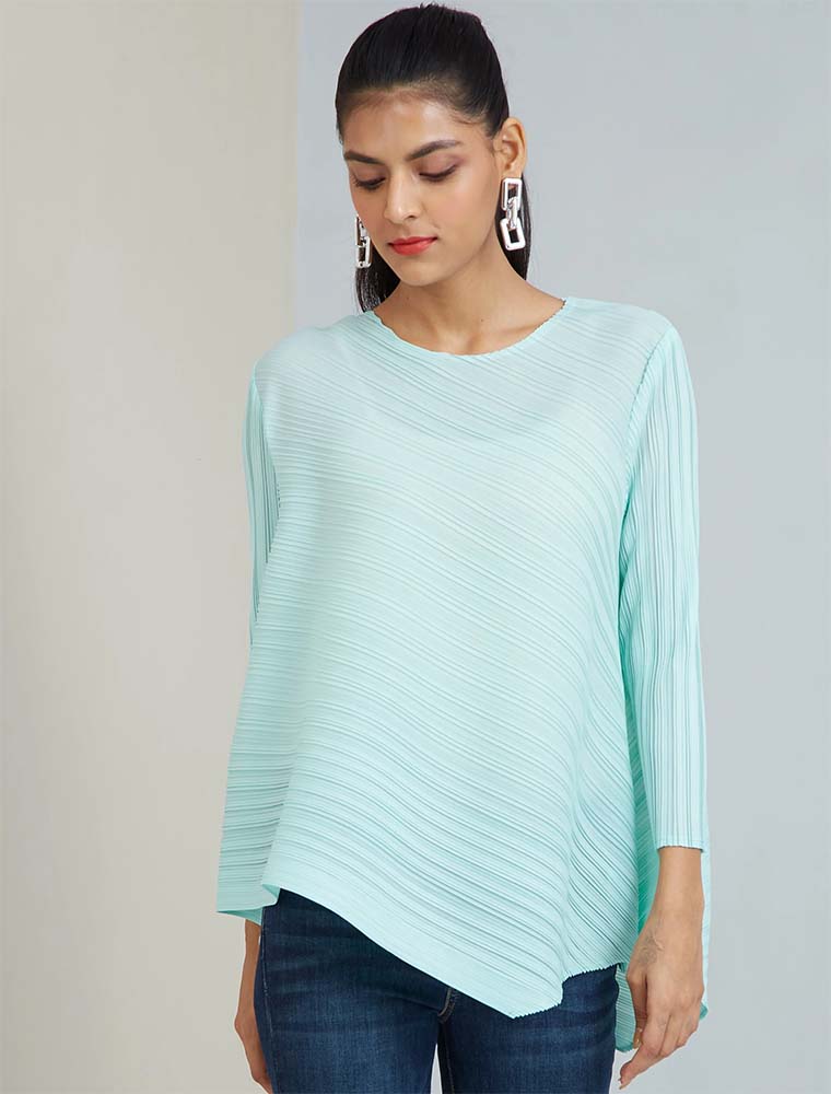 SCARLET SAGE // ASYMMETRICAL HEMLINE LOOSE TOP, AQUA - Image 2