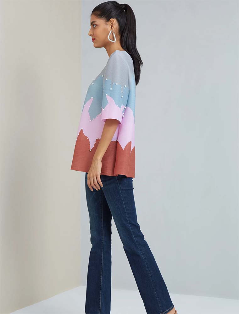 SCARLET SAGE // WAVE PRINT EMBELLISHED W/ PEARLS TOP, PINK - Image 2