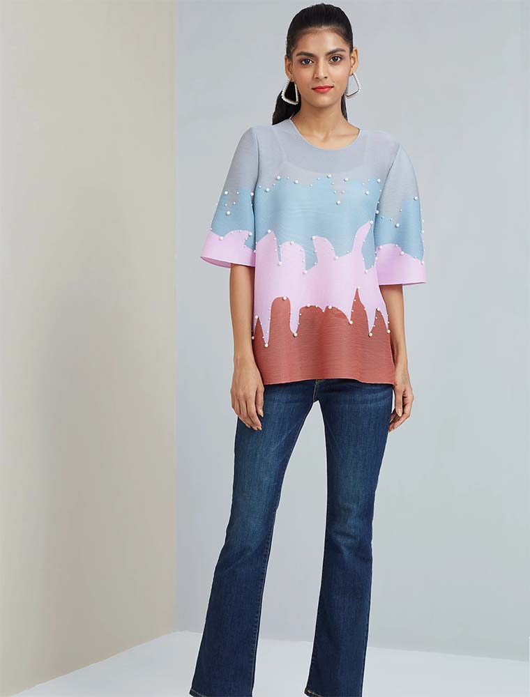SCARLET SAGE // WAVE PRINT EMBELLISHED W/ PEARLS TOP, PINK - Image 4