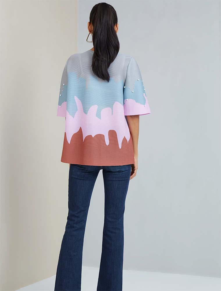 SCARLET SAGE // WAVE PRINT EMBELLISHED W/ PEARLS TOP, PINK - Image 3