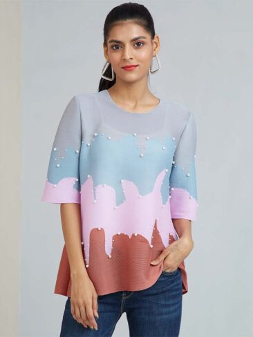 SCARLET SAGE // WAVE PRINT EMBELLISHED W/ PEARLS TOP, PINK