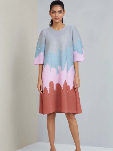 SCARLET SAGE // WAVE PRINT EMBELLISHED W/ PEARLS CORTEZ DRESS, PINK
