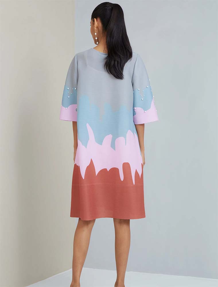 SCARLET SAGE // WAVE PRINT EMBELLISHED W/ PEARLS CORTEZ DRESS, PINK - Image 2