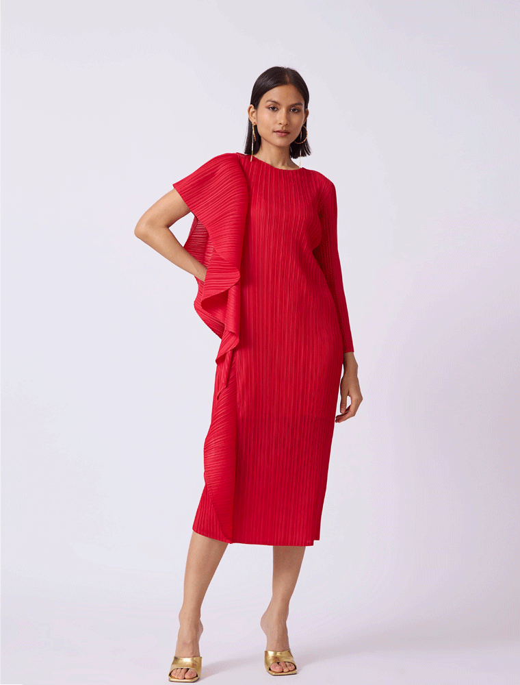 SCARLET SAGE // SERENA RUFFLE DRAPED ASYMMETRICAL DRESS, RED - Image 2