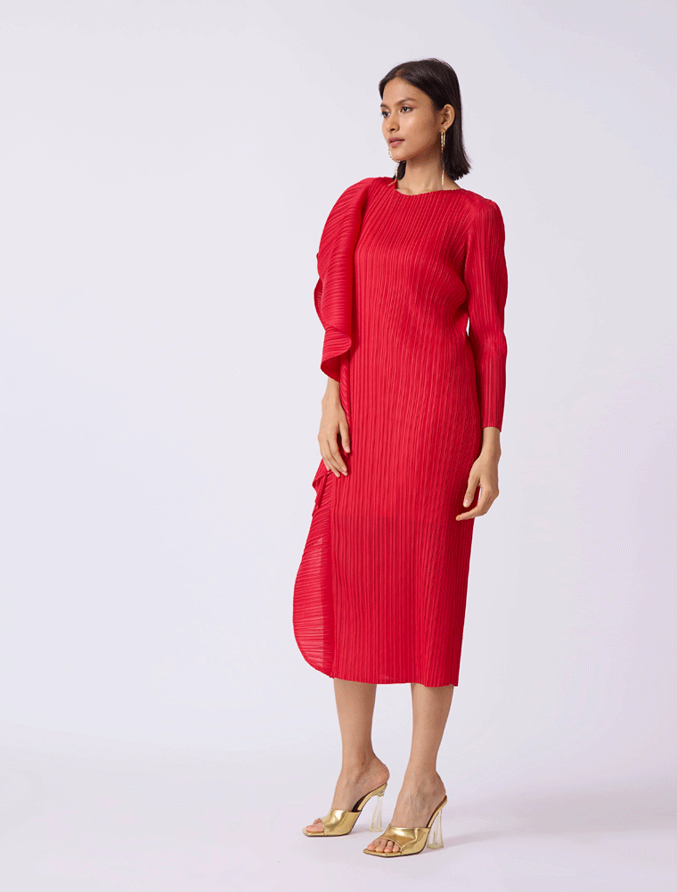 SCARLET SAGE // SERENA RUFFLE DRAPED ASYMMETRICAL DRESS, RED - Image 4