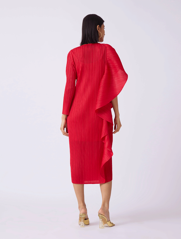 SCARLET SAGE // SERENA RUFFLE DRAPED ASYMMETRICAL DRESS, RED - Image 3