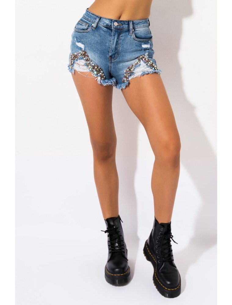 A.KOM // WOMEN'S DISTRESSED BEDAZZLED SHORTS