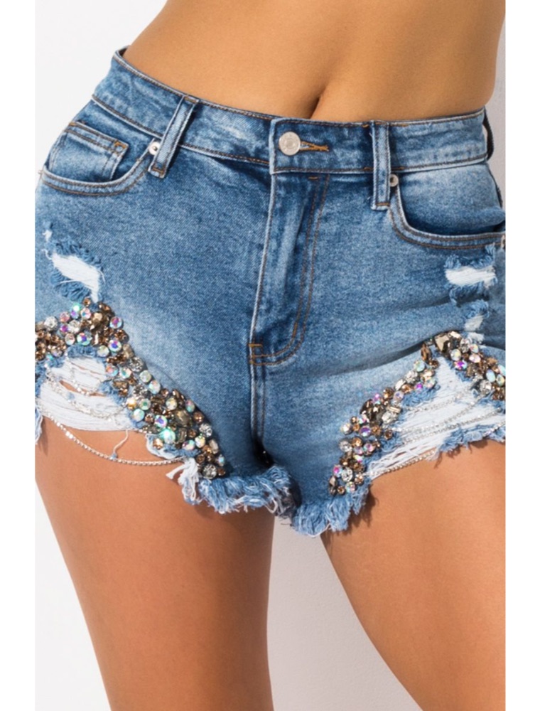 A.KOM // WOMEN'S DISTRESSED BEDAZZLED SHORTS - Image 4